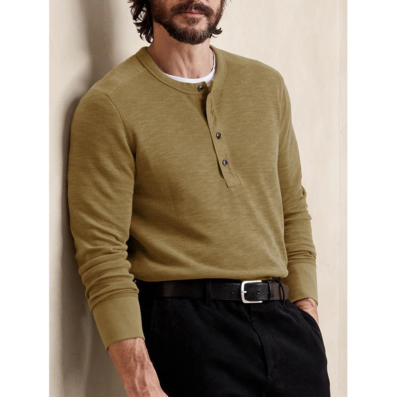 Mens Long Sleeve Crew Neck Fitted Casual Solid Henley T Shirt Top