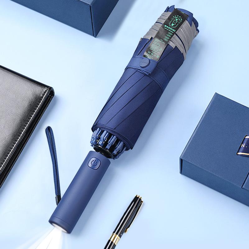 Fully Automatic Sun Protection Umbrella Folding Waterproof Umbrella With LED Flashlight UV Sunshade Rainproof Wind Resistance Aluminum&10K синий
