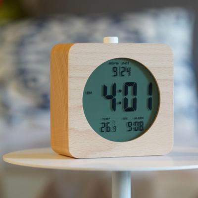 Tischuhr, Wecker, Digitaluhr, Holz, Natur, Kalenderanzeige, Temperaturanzeige, niedlich, rund, quadratisch, fürs Bett, Schlafzimmer, leise (Quadrat)
