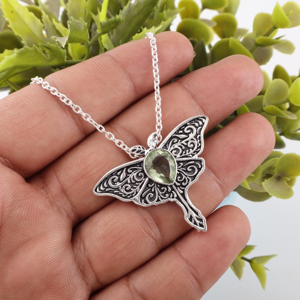 Green Amethyst Gemstone 925 Sterling Silver Jewelry Vintage Pendant 1.2" Gift CP-31-15