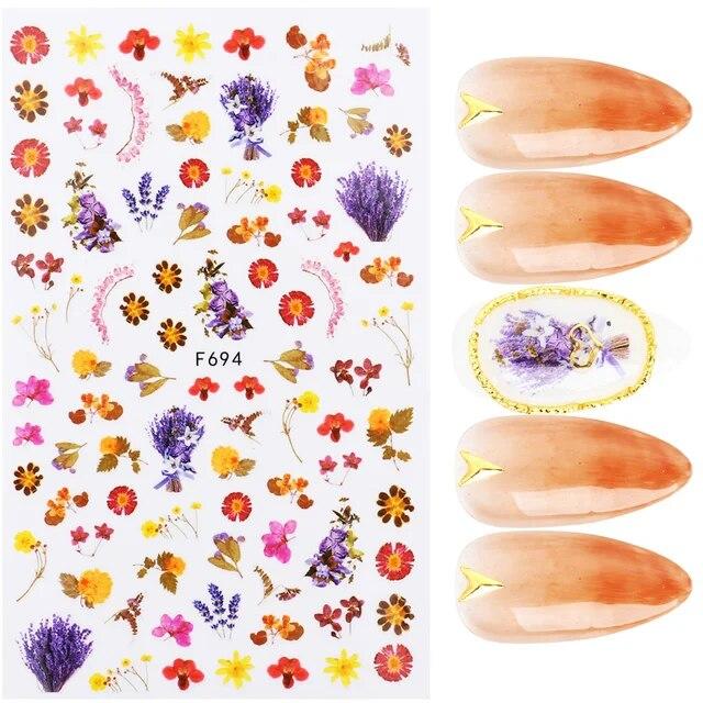 3D Nail Stickers Flowers Pink Purple Blossom Florals Leaves Decals Nail Art Adhesive Sliders Charms Manicure Decorations TRCA769