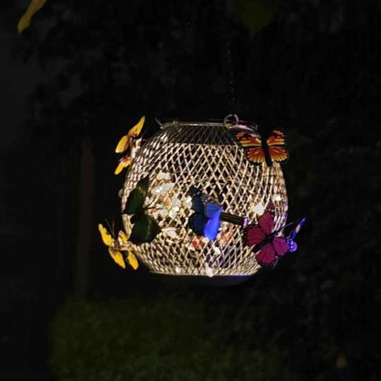 Solar-Schmetterlings-Hängeleuchte mit LED, Wasserdicht für den Außenbereich, Farbwechselnde Metall-Gartenlampe mit Kette, Solar-Garten-Hängekugel für Terrasse