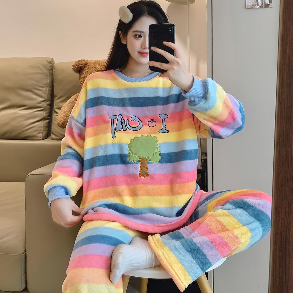 Autumn Winter Warm Flannel Women Pyjamas Sets Thicken Coral Velvet Long Sleeve Cute Cartoon Sleepwear Women's Flannel Pajamas Set for Youth Girl