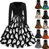 Women's Casual Vintage Halloween Dress V Neck Long Sleeve Bat Print A Line Skirt Retro Style Belted Waist Swing Dress