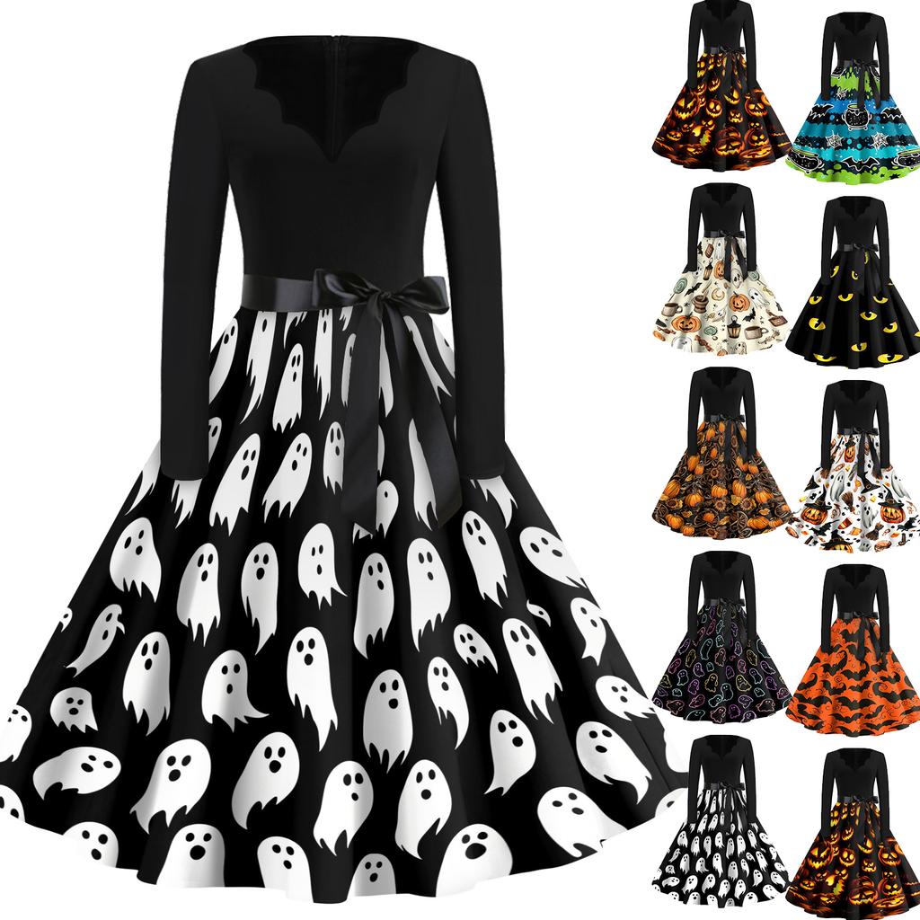 Women's Casual Vintage Halloween Dress V Neck Long Sleeve Bat Print A Line Skirt Retro Style Belted Waist Swing Dress