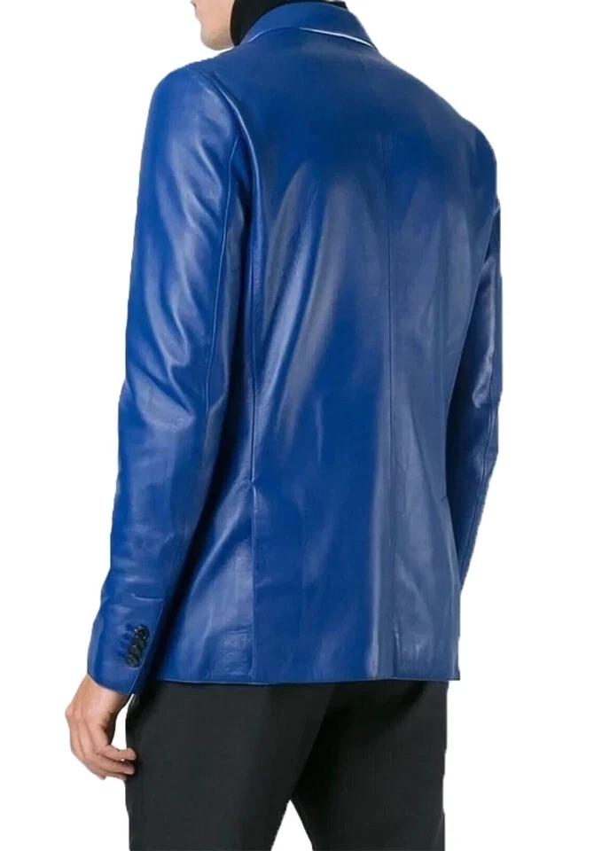 Formal Stylish Fashion Fit Men Blazer Blue Handmade Genuine Leather Lambskin