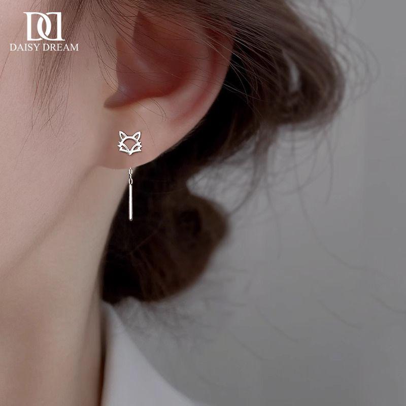 999 Sterling Silver Fox Ear Thread High-End Tassel Dangle Earrings for Women