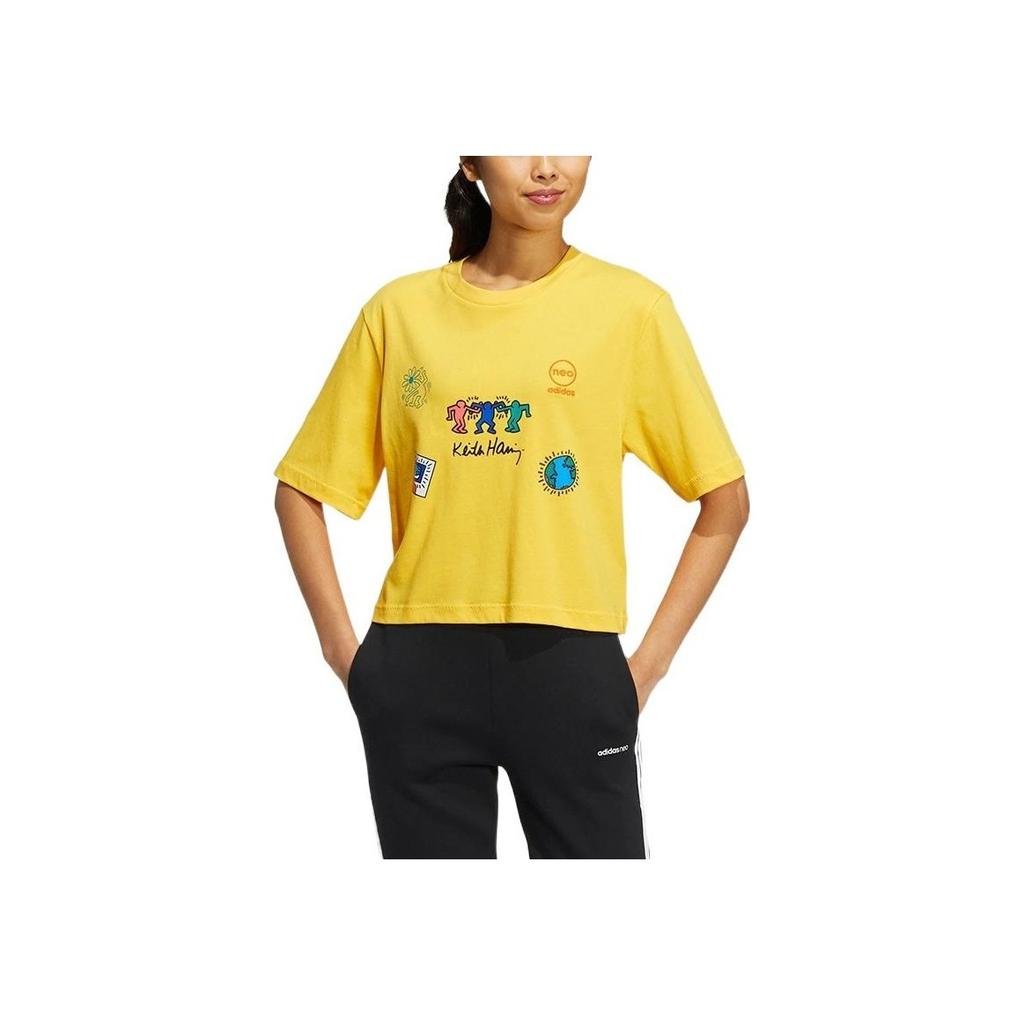 Adidas Neo Keith Haring SS22 Cartoon Crew Neck Casual Short Sleeve T-Shirt Women Tops Yellow HD7253