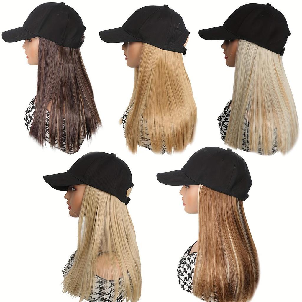 Elegant Women'S Black Baseball Cap With Adjustable Hat Wig - Long Straight Synthetic Hair, One Piece