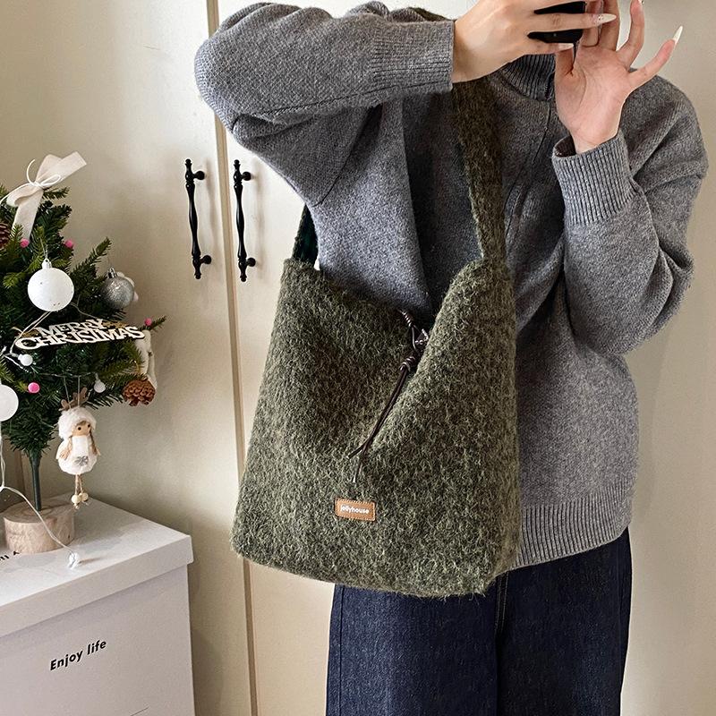 Ankola Red Wool Bag Autumn and Winter New Soft Waxy Plush Bucket Bag Shoulder Messenger Bag Large Capacity Double-sided Cloth Bag