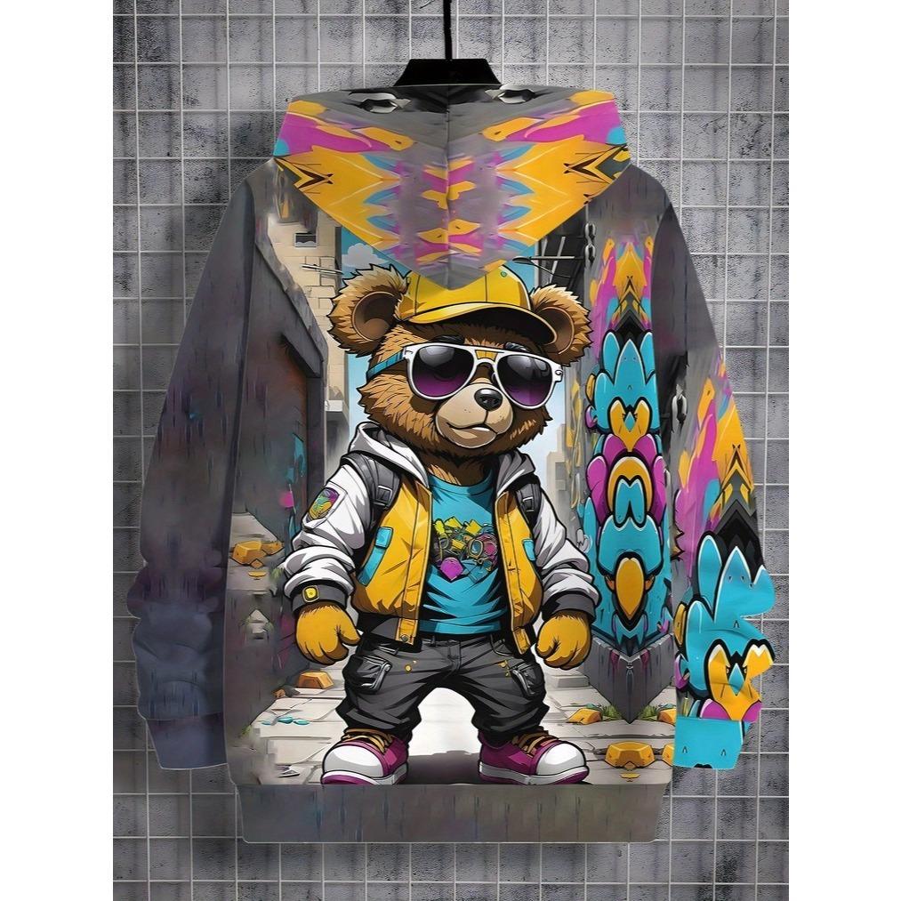 Boys' 3D digital printed hooded sweatshirt, elastic casual pullover, random urban street style design