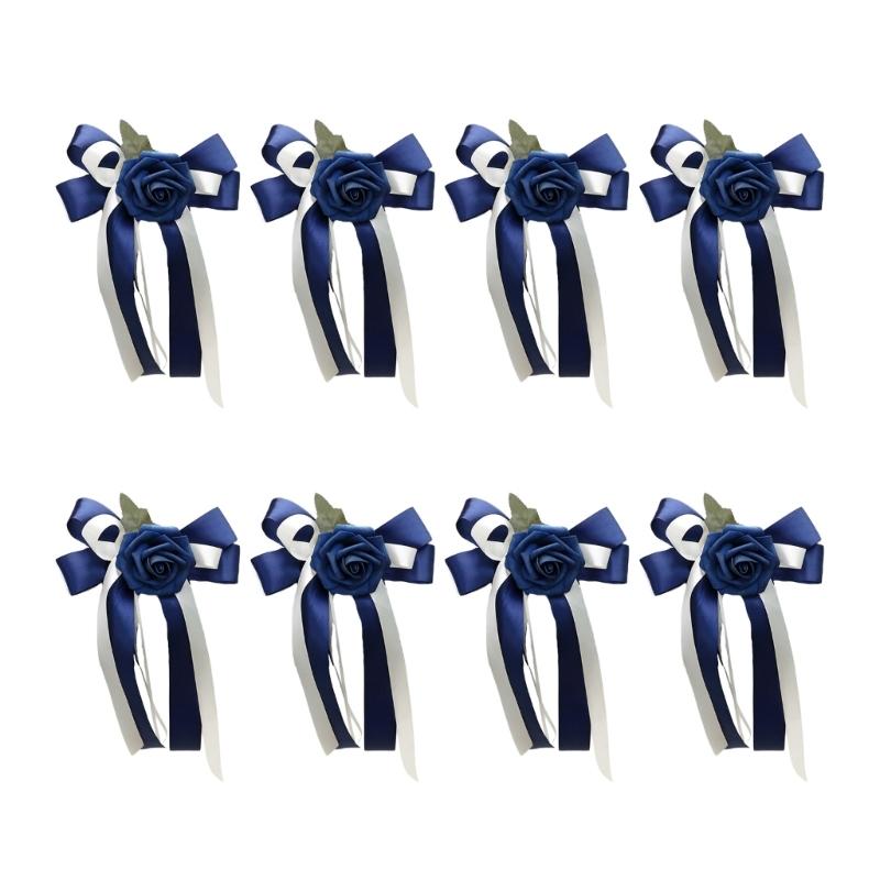 

8Pcs Wedding Car Glasses Decorative Bowknots Hangings Artificial Silk Flower Door Handle Decors for Bridal Vehicle