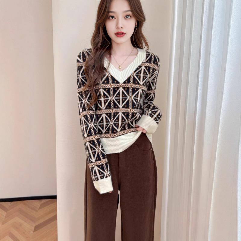 

Autumn Winter V-neck Diamond Patchwork Loose Casual Sweater Women Vintage Knitting Bottomed Pullover Top S белый