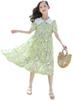 BLZXIAN Chiffon Short Floral Tunic Loose Everyday Junior Size Height Kids' Dress, Sleeve, Long, Knee-Length, High-Waisted, Turn-Down Collar, Print,