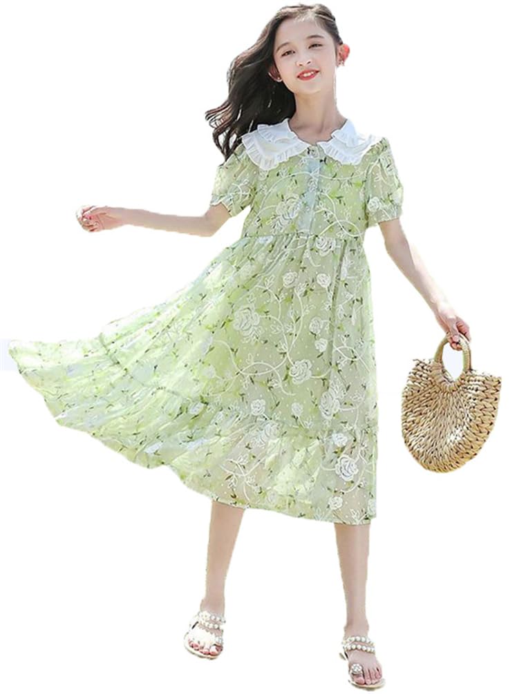 

BLZXIAN Chiffon Short Floral Tunic Loose Everyday Junior Size Height Kids Dress, Sleeve, Long, Knee-Length, High-Waisted, Turn-Down Collar, Print, зелёный