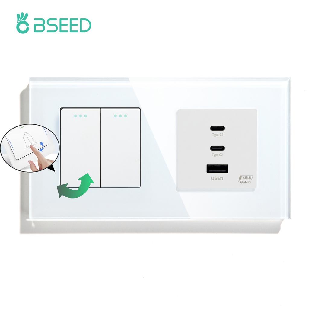 BSEED 1/2Gang Mechanical Light Switch 1Way With Fast Charging 65W USB C Socket Dual Typc-c Ports Glass Frame EU Standard