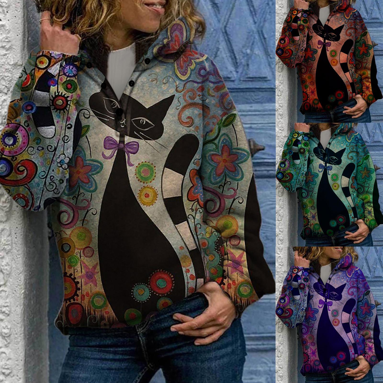 

Women Hood Button Printing Long Sleeves Pullover Blouses Sweatshirt Tops