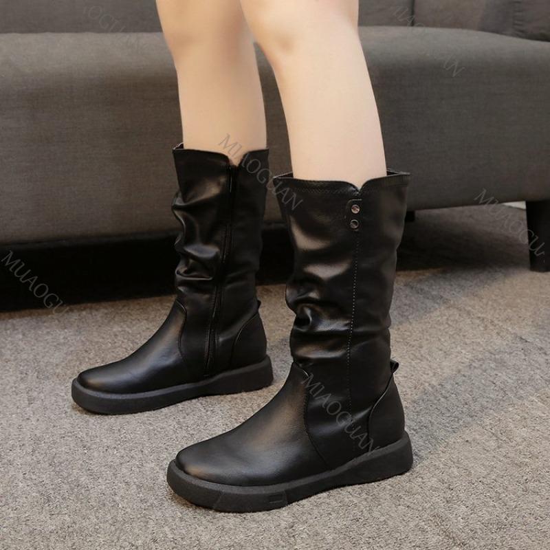 Modische Damen Herbst Winter Mittelhohe Stiefel Runde Spitze Reißverschluss Falten Dicke Sohle Kunstleder Lässige Damenschuhe Schwarz Braun Botas