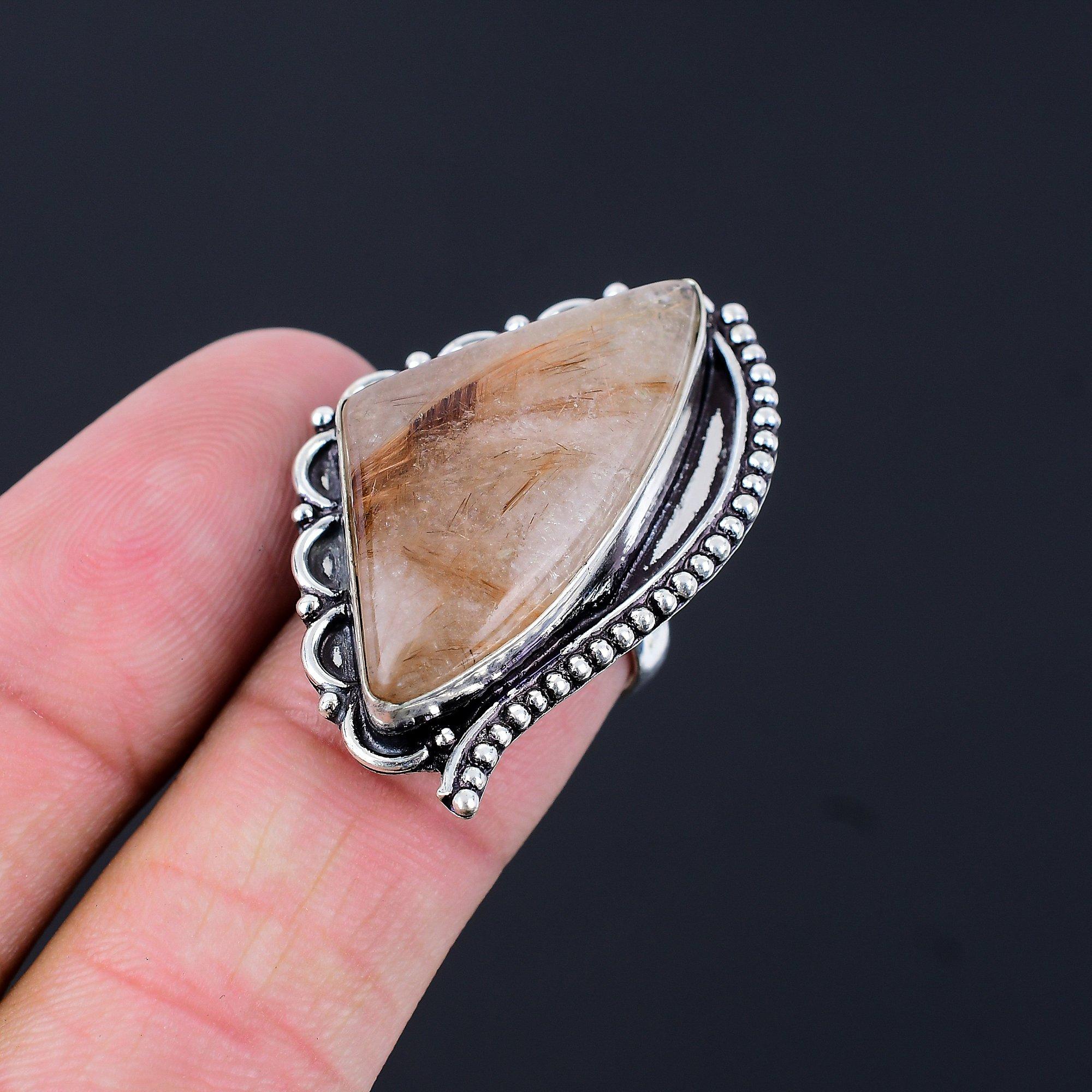 Daughters Day Sale Natural Golden Rutile Boho Promise Ring Sterling Silver US 7 7