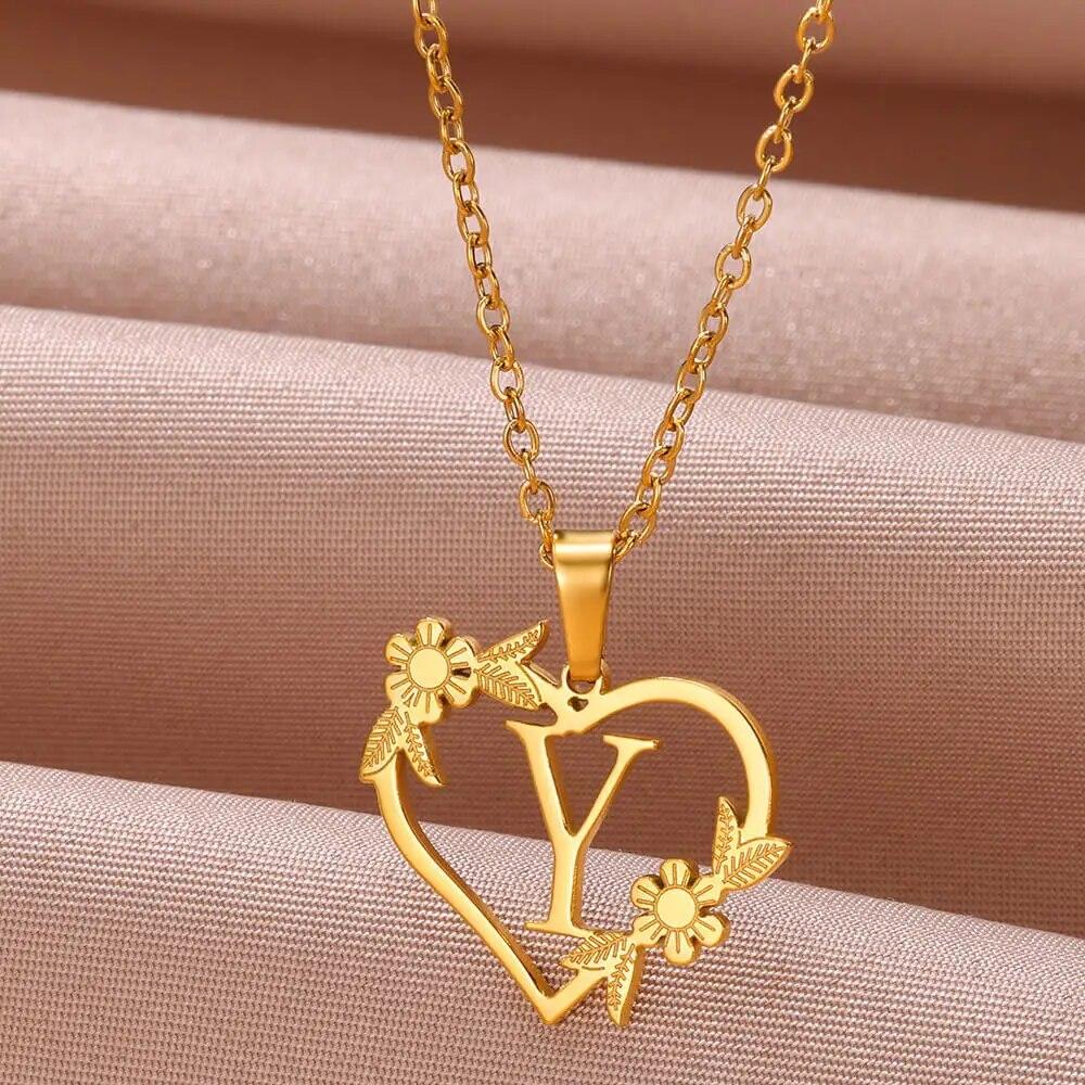Gold Color Dainty Flower Initials Necklace Women Girl Stainless Steel Heart Letter Choker Necklace Best Gifts Alphabet Jewelry