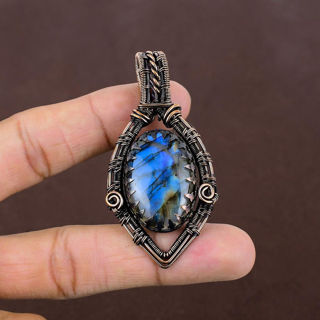 Natural Labradorite Gemstone Handmade Copper Wire Wrap Pendant 2.68" g2f98