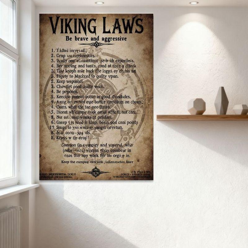 Viking Laws Vintage Style Tin Sign 'Be Brave and Aggressive' Old English Parchment Texture Metal Poster for Bar Pub Home Wall De