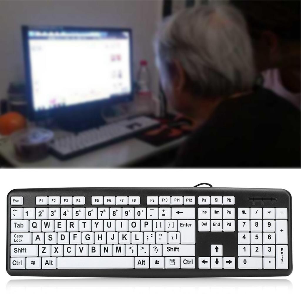 Black Low Vision Keyboard USB Wired Old People Keyboard with White Large Print Keys Old People Keyboard Large Print Keyboard