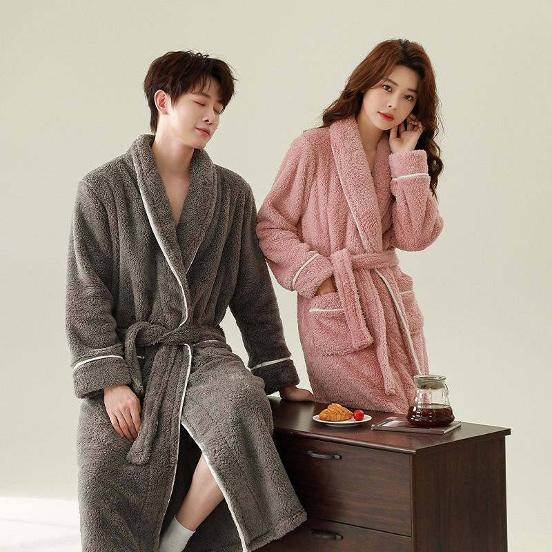 2025 Autumn and Winter Thickened Morning Robe Men's Nightgown Women's Extended Bathrobe Couple Pajamas