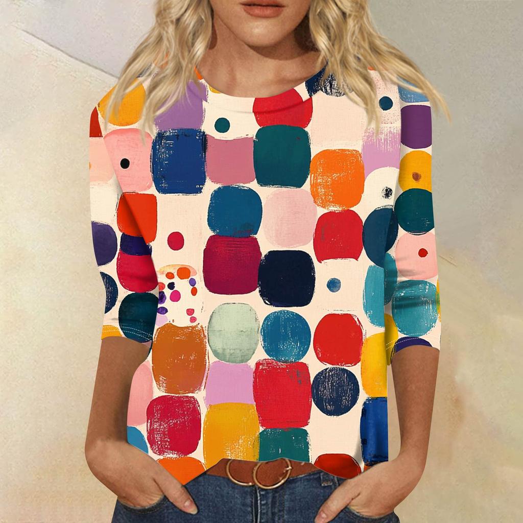 Women's Fashion Casual Seven Sleeve Printed Round Neck T-Shirt Top