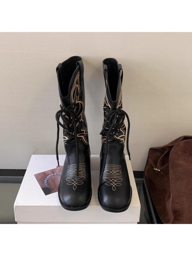 Fashion New Stylish and Versatile Lace-up Round-toed, Thick-heeled, Comfortable One-foot High Boots for Autumn and Winter 2025