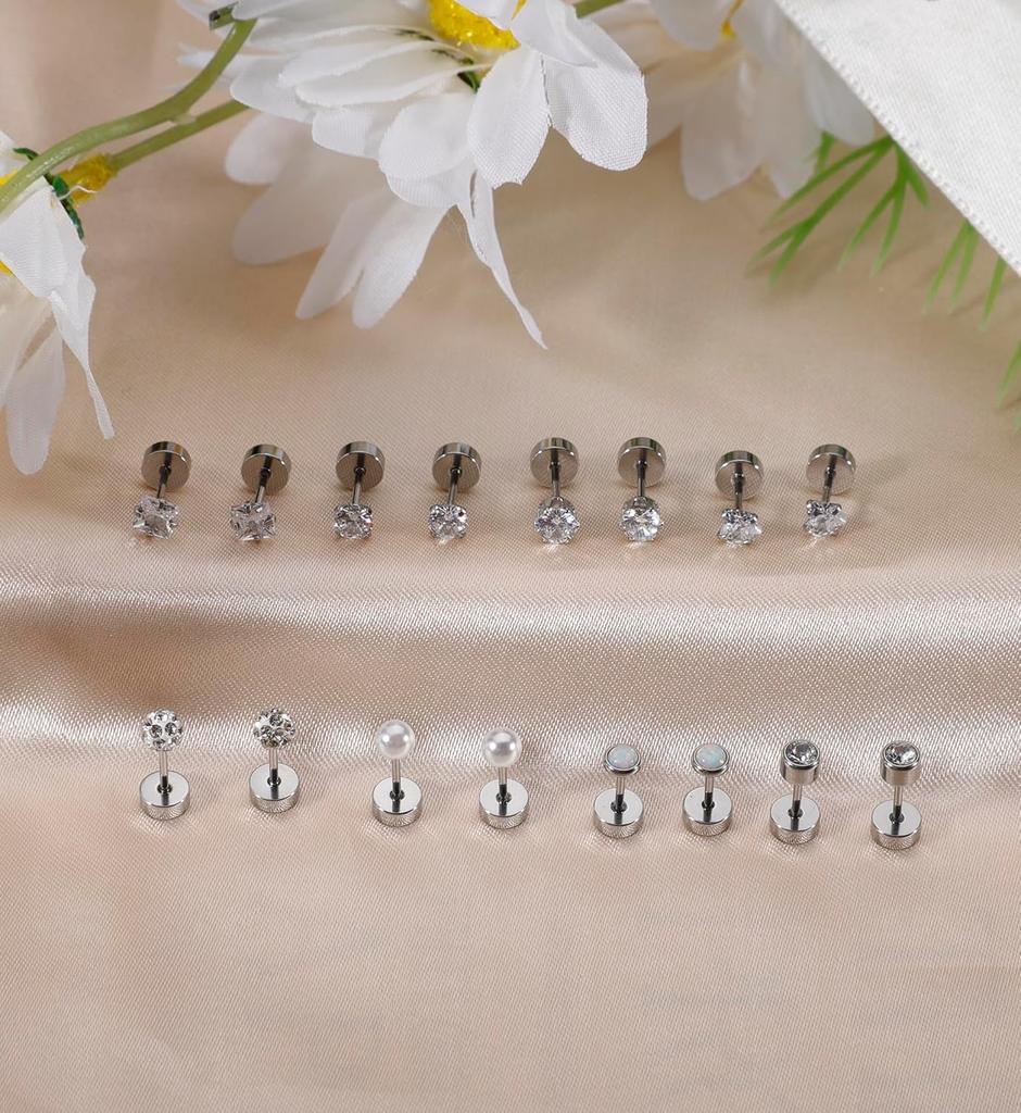 8 Pairs Flat Back Stud Earrings Sets for Multiple Piercing Small Silver Flat Back Surgical Steel Tiny Ball Pearl Cubic Zirconia