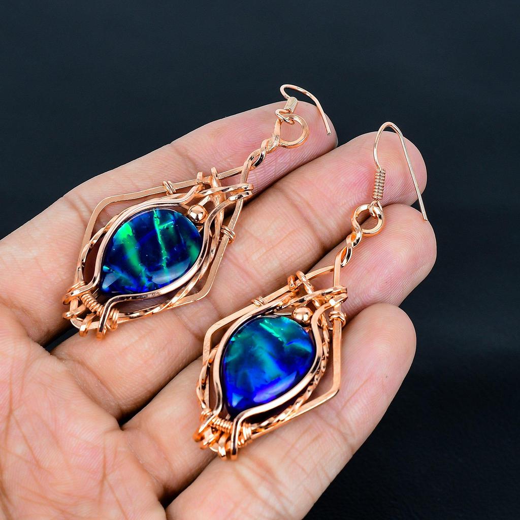 Australian Triplet Opal Earrings, 999 Copper Wire Wrapped Earrings, Handmade Gemstone Jewelry Earrings For Memorial Day