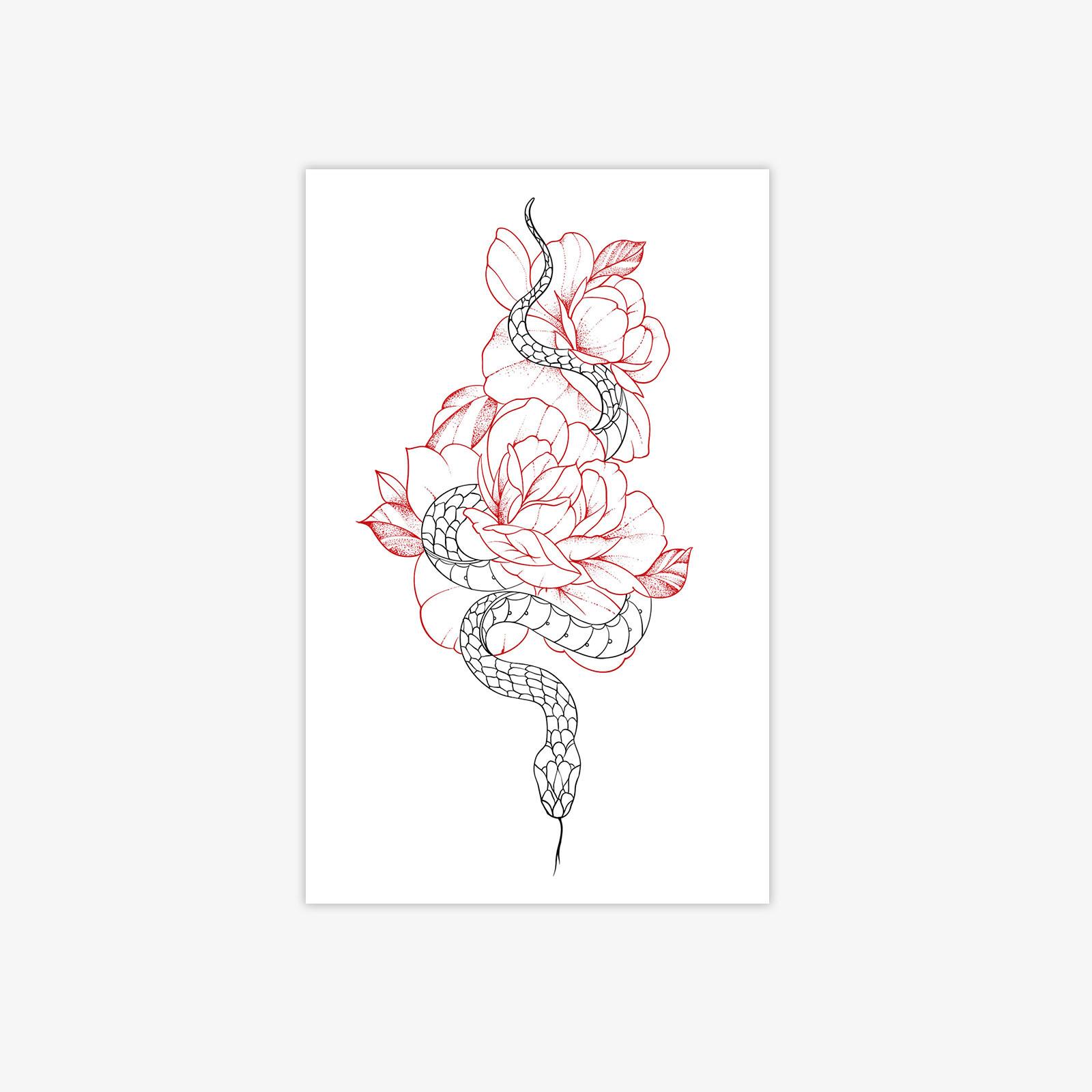 

Red Rose Black Snake Tattoo Sticker Waterproof And Long-Lasting Female, Sexy Arm Lines, Advanced Sense Flower Snake Simulation Sticker 12*19