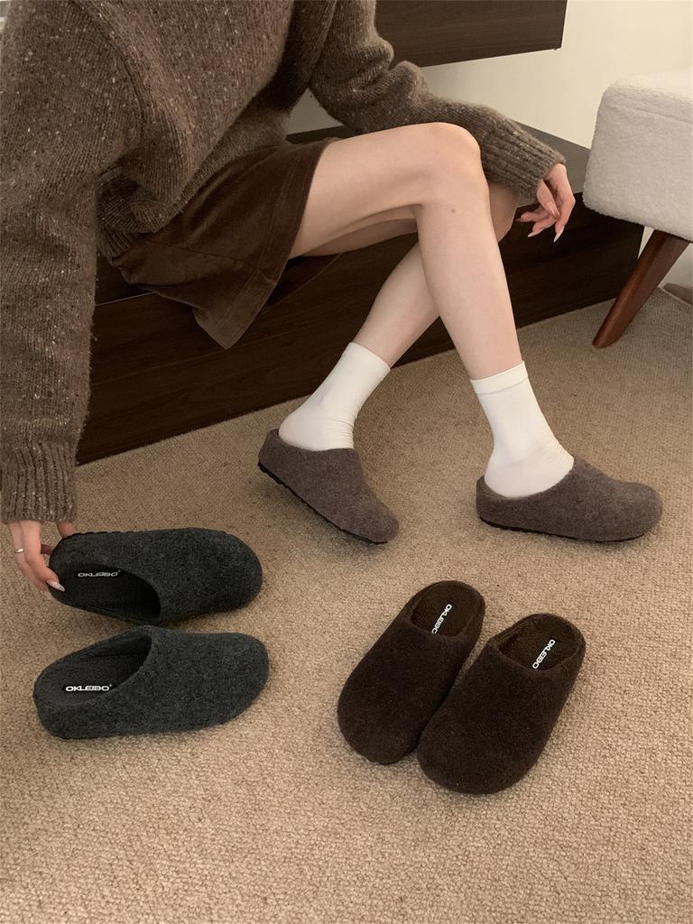 5CM Inner Height Increase, Gray Woolen Birkenstocks, Small Potatoes with Plush To Keep Warm, One Pedal Bag Head and Half Drag, Hairy Shoes for Women