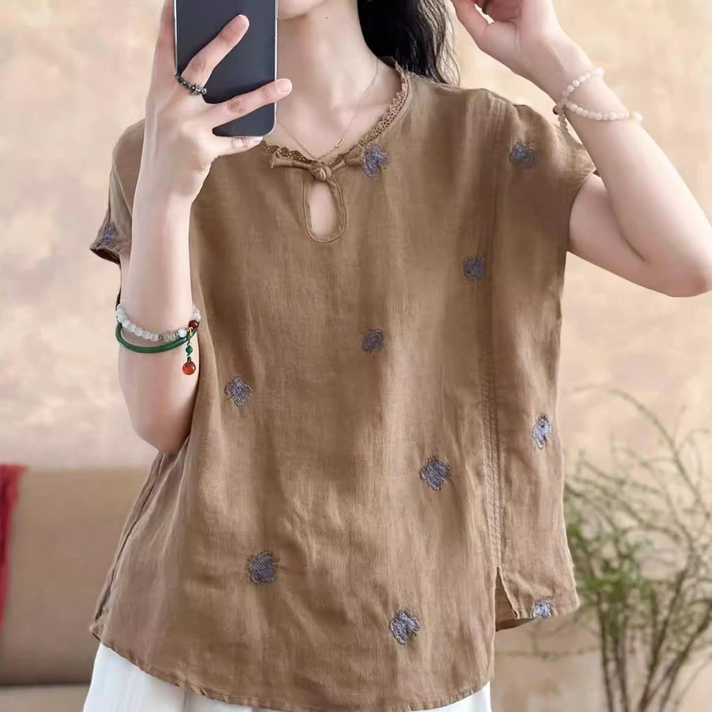 Plus Size Women's Summer Retro Comfortable Blouse Cotton Linen Office Lady Fashion Arrival Trendy Breathable