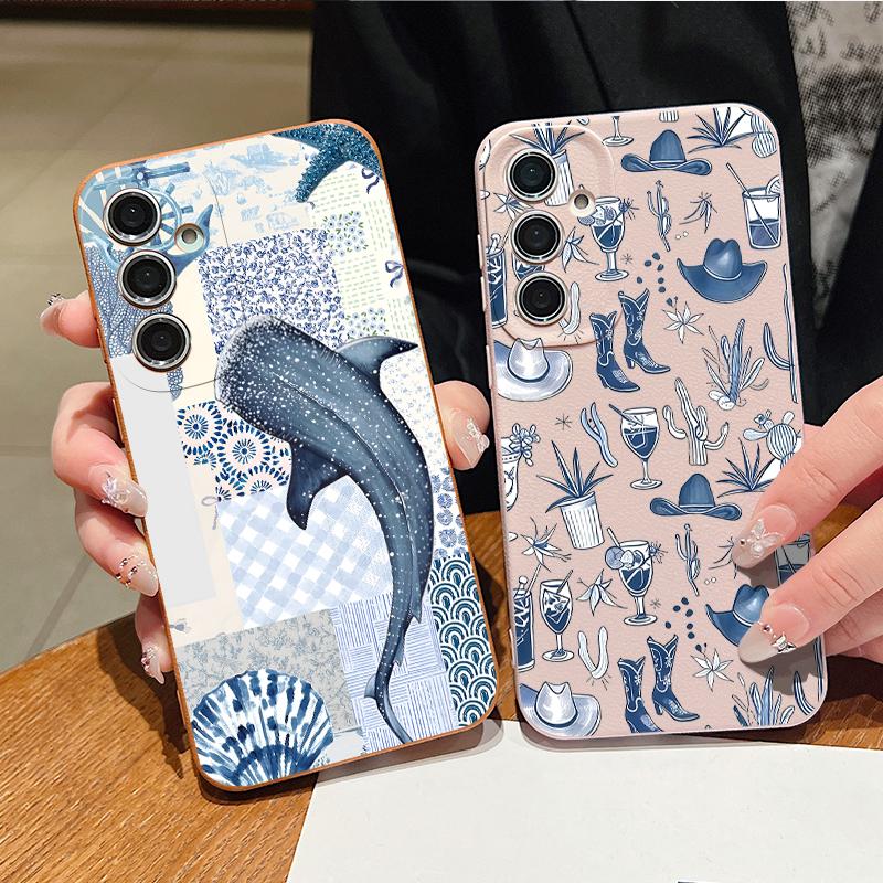 Blues Fish Whale Ocean Phone Case For Samsung S26 S25 S24 Ultra S23 S22 S21 FE A15 A16 A17 A35 A36 A37 A54 A55 A56 A57 5G Leather Texture Soft Cover