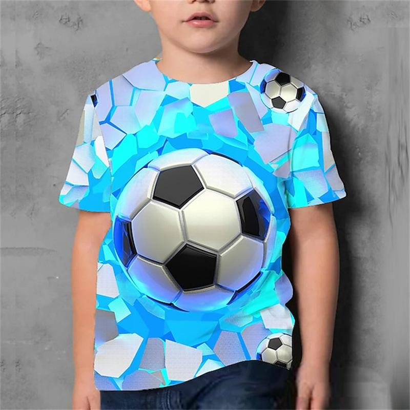Summer Round Neck 3D Colorful Football Pattern Printed Top Fashionable Casual Short Sleeved Children's Boy T-shirts