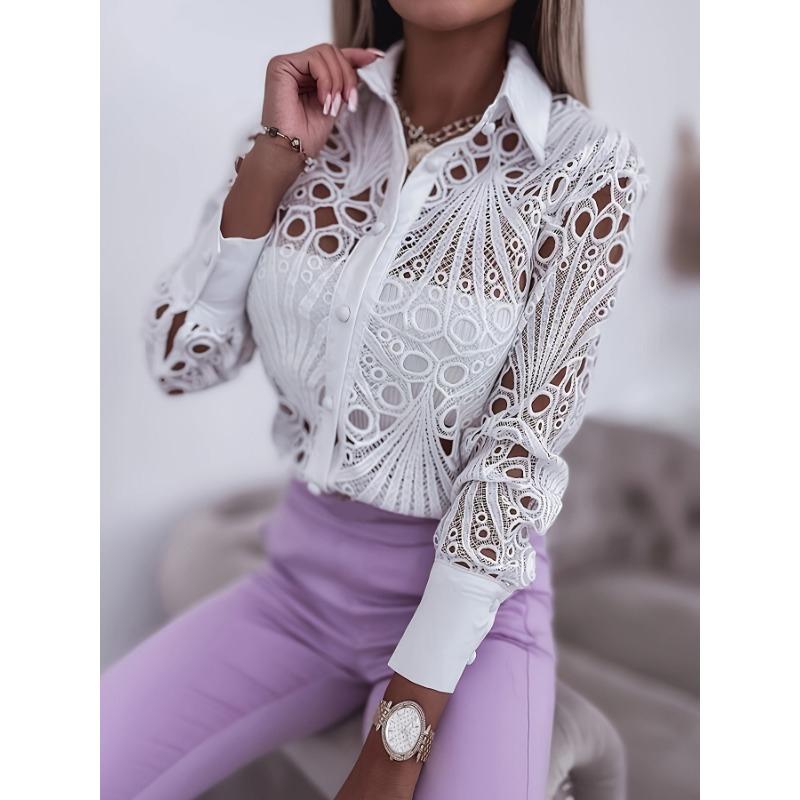 Fashion Lace Hollow Out Long Sleeve Office Shirt Women Spring and Autumn Loose Casual Versatile Commuter Blouse Lapel Simple Solid Color Clothing