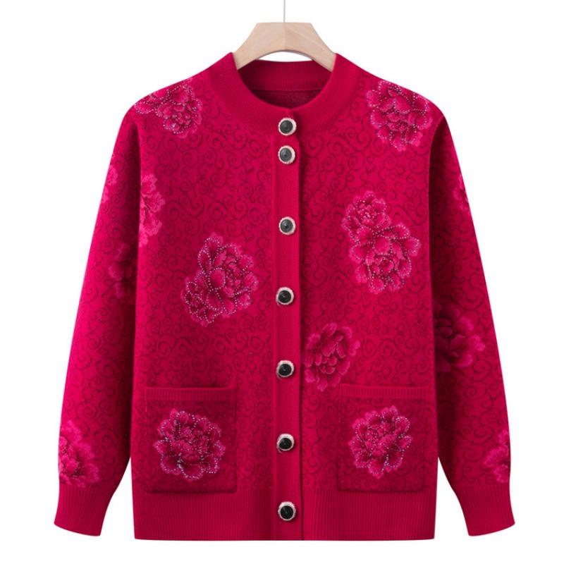Medium Old Man Autumn Sweater Female Mother New Knitted Sweater Jacket Old Lady Cardigan Grandma Top