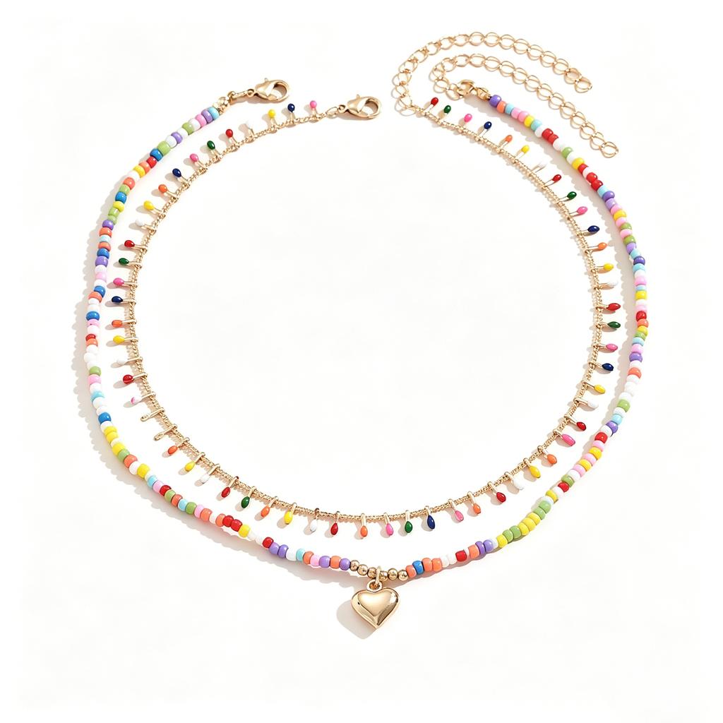 Mehrschichtige Regenbogen-Glasperlen-Choker-Halskette für Damen mit Herz-Anhänger Boho Strand Verstellbar Sommer Mode Schmuck