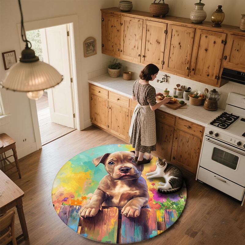 Flower Fence Dog,Round Area Rug,Carpet Rug for Living Room Bedroom Sofa Playroom Decor,Non-slip Floor Mat