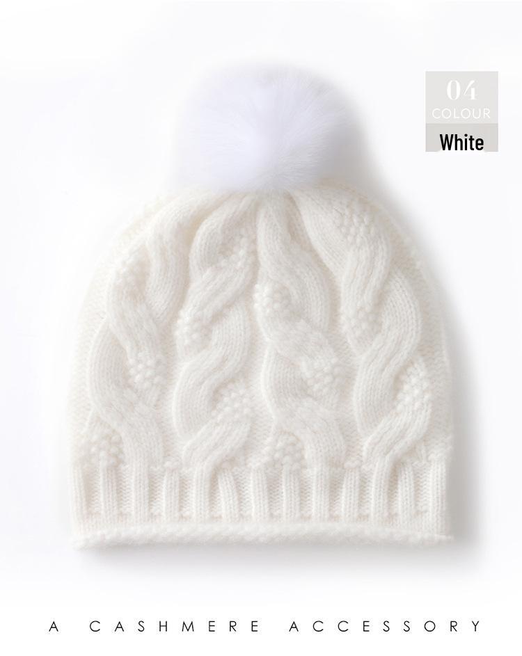 Women's Cable Knit Cashmere Beanie with Fox Fur Pom Pom - Thickened, Warm, and Casual Winter Ear Protection Hat