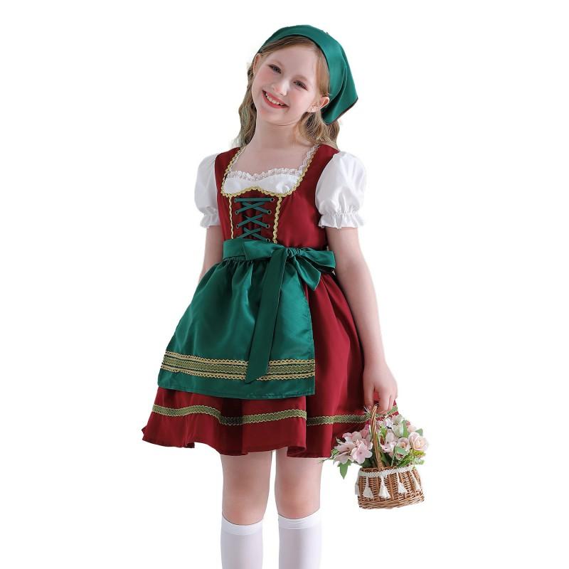 Bavarian Dirndl Dress Girls Oktoberfest Costume Farmhouse Lolita With Apron Headscarf