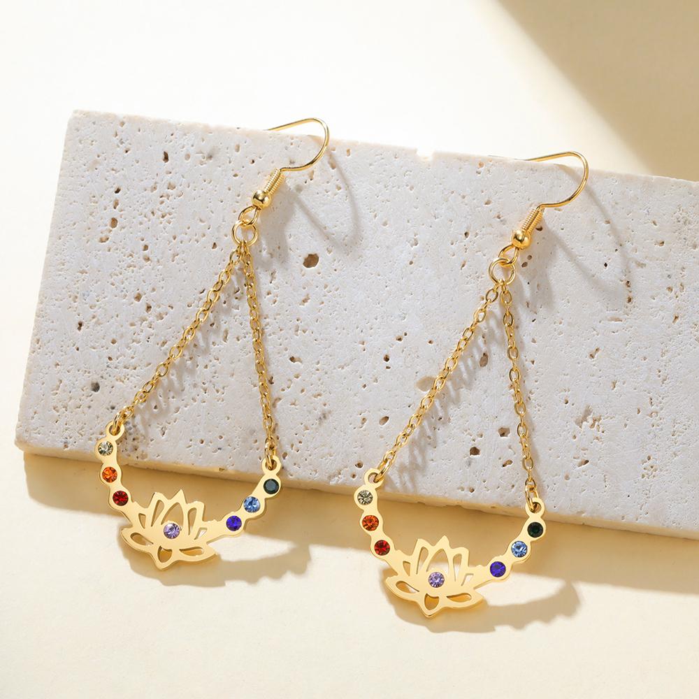 Dawapara Chakras Lotus Flower Dangle Earrings Stainless Steel Women Earrings Colorful Zircon Boho Yoga Spiritual Jewelry