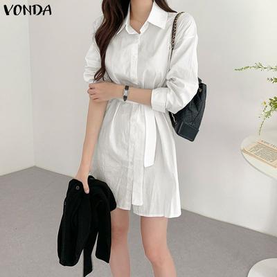 Women Lapel Neck Button Down Solid Belt Casual Mini Shirts Dress