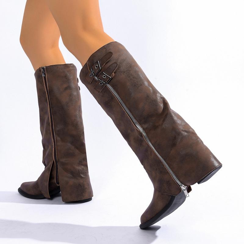 Pointed retro belt buckle high-heeled trouser boots autumn new large-size side zipper cowboy boots