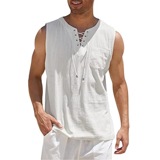 Men's Sleeveless T-shirt Lace Up V-Neck Loose Fit Blouse with Chest Pocket Solid Color Casual Summer Top for Daily Wear Gym Travel