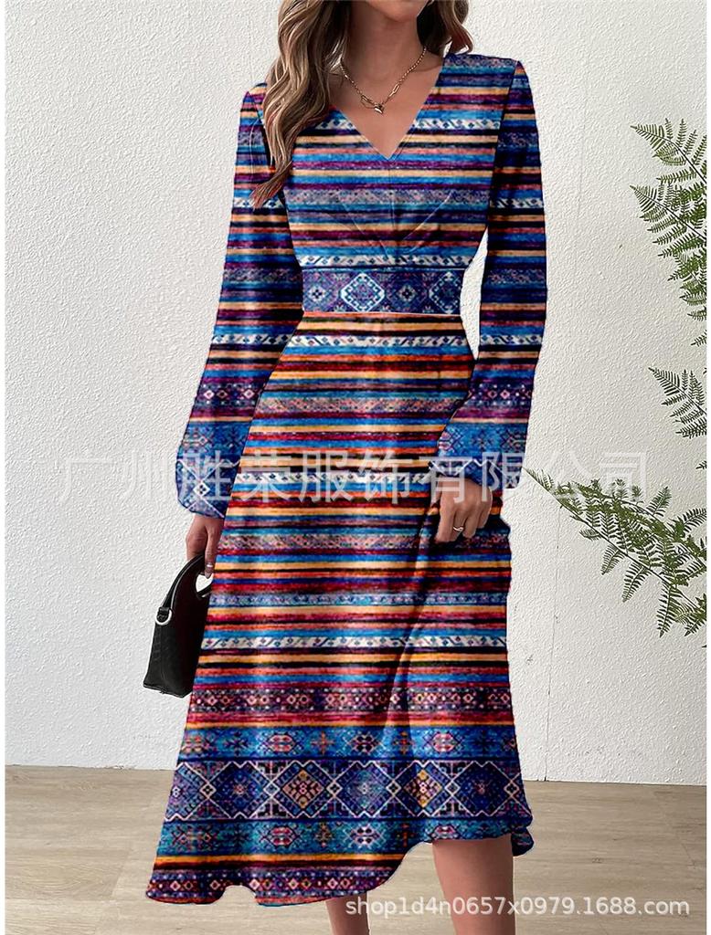 New European and American women's clothing, popular printed striped waist fashion V-neck dress