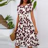 Women's Casual Fashion Round Neck Pleated Short Sleeve Floral Print A-Line Midi Dress