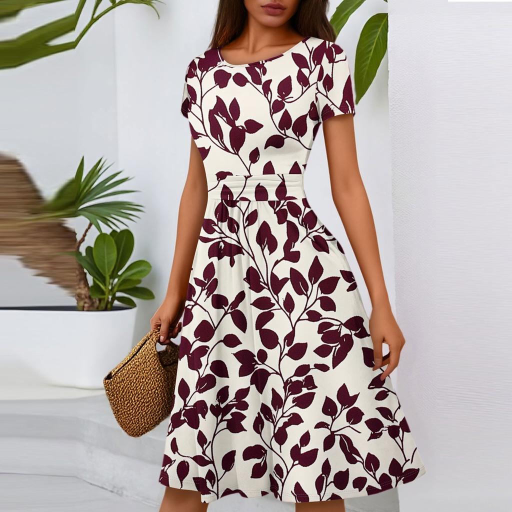 Women's Casual Fashion Round Neck Pleated Short Sleeve Floral Print A-Line Midi Dress
